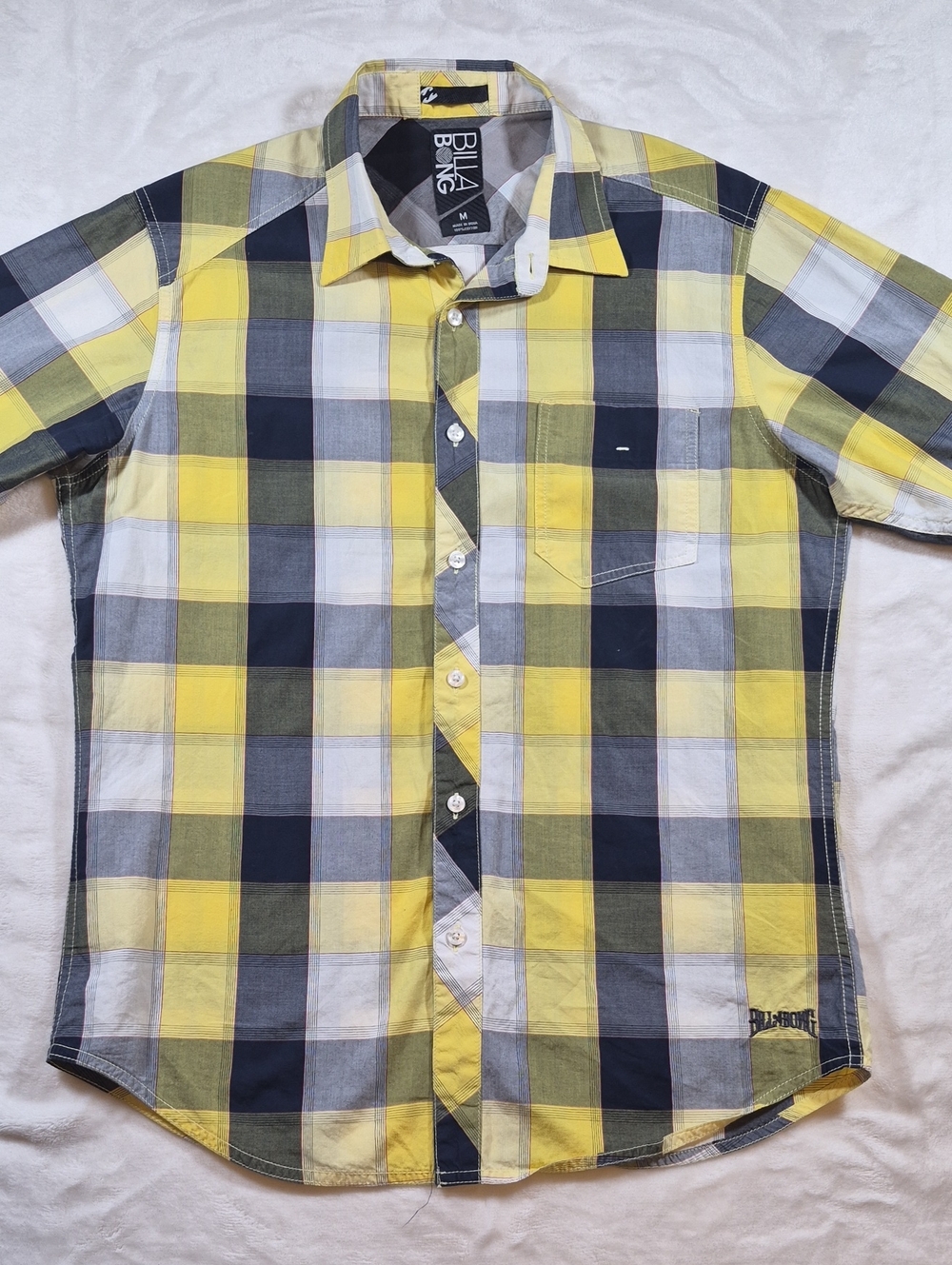 Billabong Yellow Navy White Plaid Short-Sleeve Button-Down Shirt